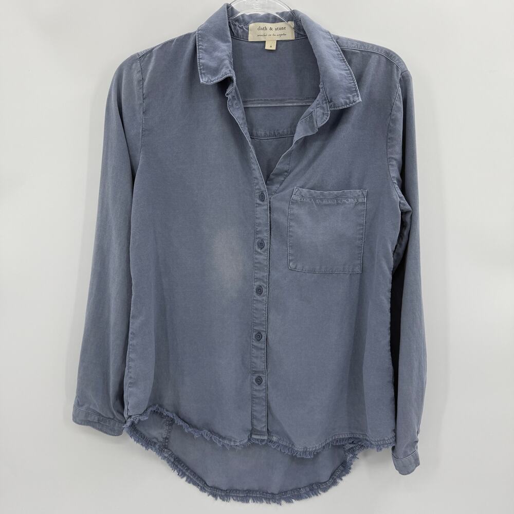 CLOTH & STONE Women Chambray Button Down Size S Long Sleeve Fringe Shirttail Hem
